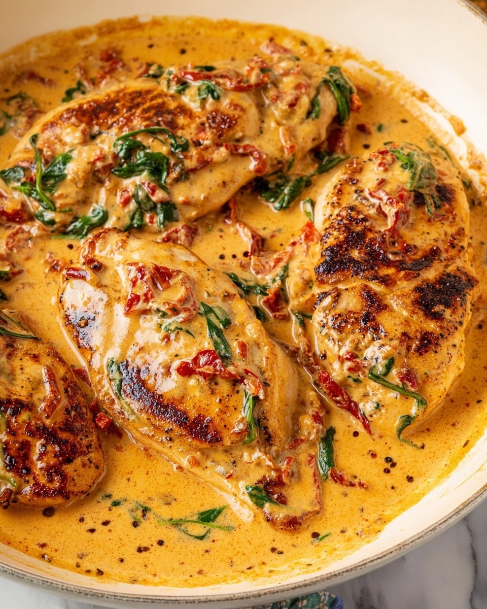 A close-up of four large chicken pieces in a white pan, covered with a thick creamy orange sauce with bits of red sun-dried tomatoes and green spinach leaves. The chicken pieces are browned with dark grill marks visible under the sauce. The sauce looks smooth and rich, spreading evenly around the chicken, with small pepper specks on top. The background shows a white marbled texture under the pan. photo taken with an iphone --ar 4:5 --v 7