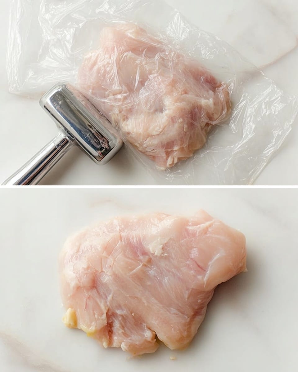 The image shows two stages of preparing raw chicken on a white marbled surface. On the left side, there is a piece of raw chicken placed between clear plastic wrap, with a metal meat tenderizer hammer resting above it, ready to pound. The plastic wrap looks slightly crinkled around the chicken. On the right side, the same piece of raw chicken appears flattened and smooth, lying directly on the white marbled surface with no plastic wrap visible. The chicken is pale pink with soft texture and some small areas of light yellow fat near the bottom edge. photo taken with an iphone --ar 4:5 --v 7