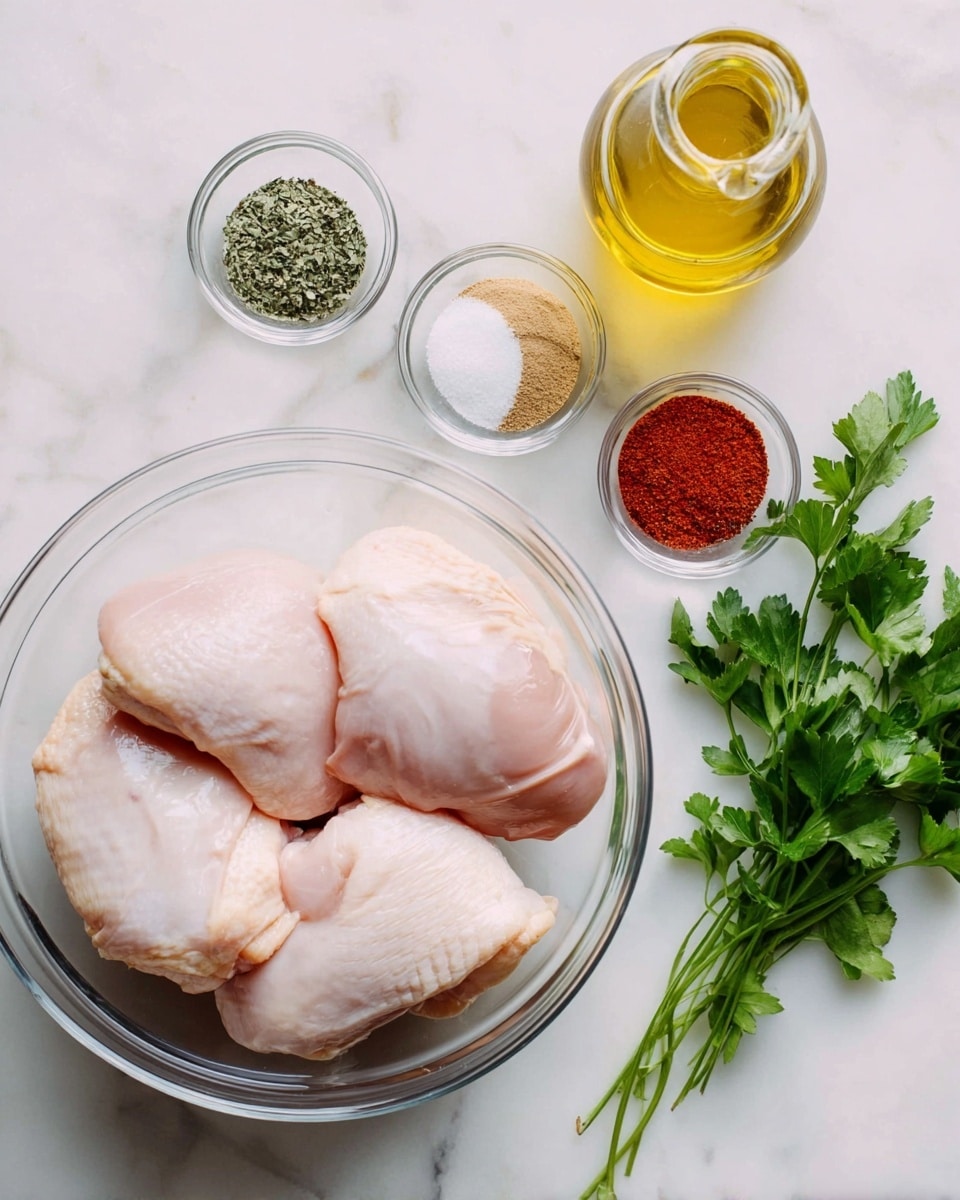 A clear glass bowl holds three large pieces of raw chicken with pale pink smooth skin, arranged closely inside. Next to it, a smaller clear glass bowl contains six piles of different spices: a green leafy herb, beige powder, bright red paste, white salt crystals, black pepper, and a light powder. To the top right of the spice bowl is a small clear glass bottle filled with yellow olive oil. On the far right, fresh green parsley with flat leaves is laid flat on a white marbled surface. The colors stand out warmly against the clean, bright white marbled background. photo taken with an iphone --ar 4:5 --v 7