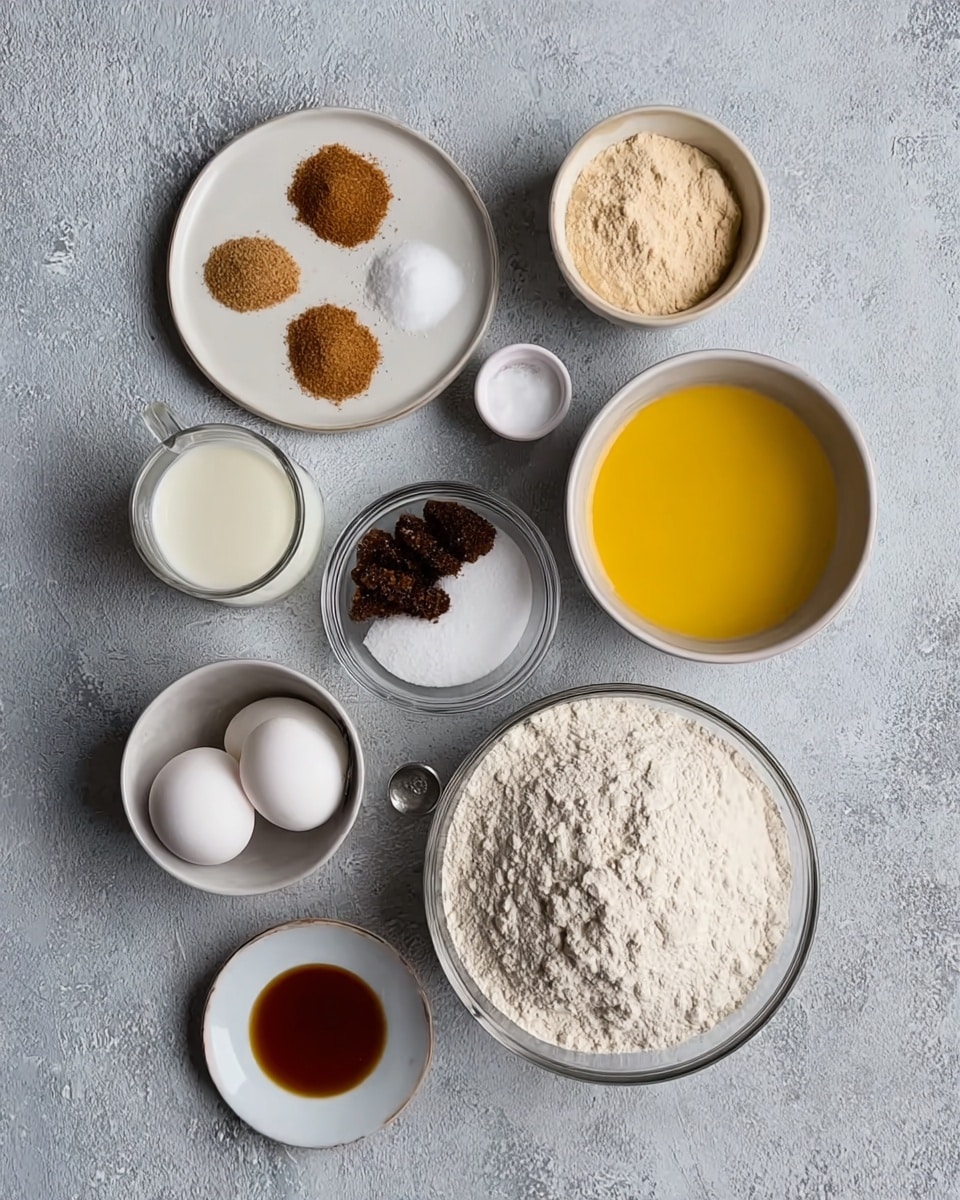 The image shows various baking ingredients arranged neatly on a grey textured surface, changed here to a white marbled texture. There are nine containers placed in a loose grid. Starting from the top left, a white plate holds five ingredients separated in small piles: brown sugar, white sugar, cinnamon powder, salt, and black pepper. Next to it is a small white bowl with a pale beige powdered ingredient. To the right is a larger white bowl filled with a thick yellow liquid, likely melted butter or batter. Below these, a clear cup holds milk, while next to it is a small clear bowl with two raw eggs. In the center, a clear bowl contains white granulated sugar topped with dark brown sugar clumps. Below that, a large clear bowl is filled with white flour, forming the largest pile in the image. To the left, a teaspoon contains a small amount of a dark liquid, probably vanilla extract, and below it a small white plate holds a deep amber liquid also likely vanilla extract. The overall look is clean and organized with no clutter. photo taken with an iphone --ar 4:5 --v 7