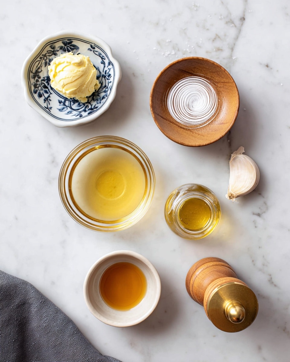 The image shows five small containers arranged on a white marbled surface. At the top left, there is a small white dish with a dark blue pattern holding a light yellow creamy dollop. To the right of it, a small wooden bowl has a spiral of white salt or sugar. Below the blue patterned dish, a clear glass bowl contains a light golden liquid. Next to it on the bottom left, a plain white dish holds a darker amber liquid. Near the center is a small glass jar with a bit of yellow oil, and to its right is a single garlic clove and a wooden pepper mill with a round golden knob. A dark gray cloth is partly visible in the lower left corner. photo taken with an iphone --ar 4:5 --v 7