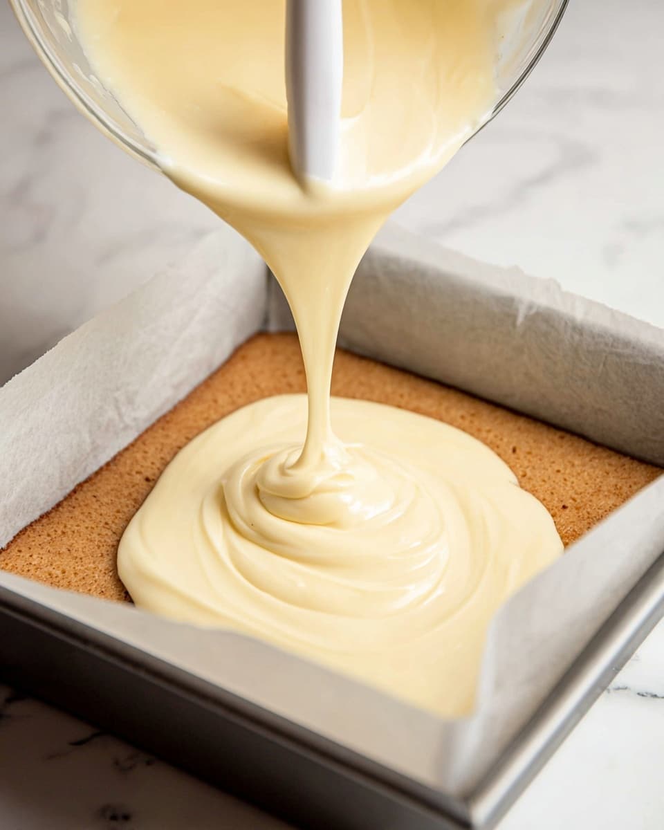 A thick, smooth, pale yellow cream is being poured from a clear bowl with a white spatula into a square metal pan lined with white parchment paper. The pan holds one visible layer, a firm, golden brown crust that fills the bottom evenly. The cream flows in a steady, glossy stream, creating soft swirls as it spreads over the crust. The background features a white marbled texture. Photo taken with an iphone --ar 4:5 --v 7