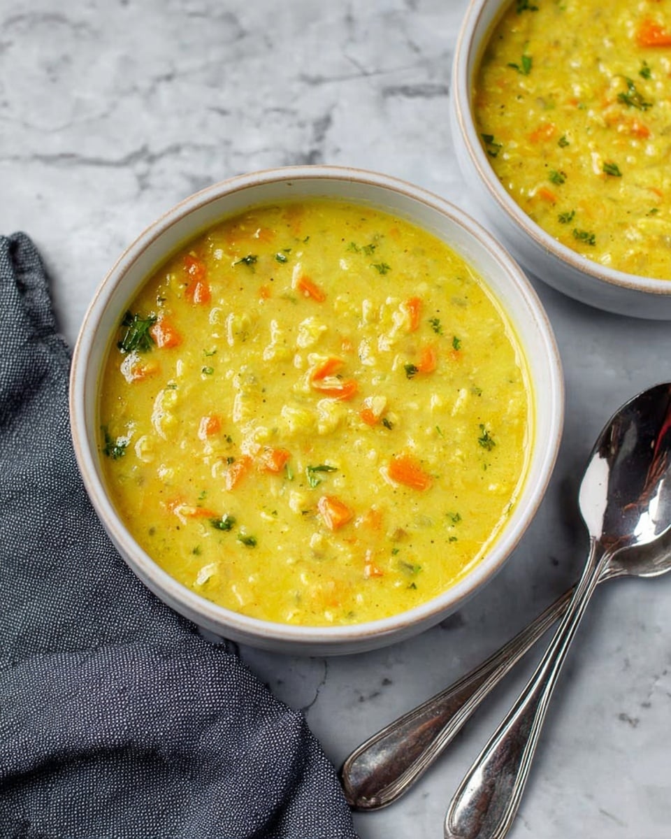 Two white bowls filled with thick yellow soup containing small pieces of orange carrot and other soft textured ingredients. The soup has a creamy consistency with some specks of green herbs mixed in. The bowls sit on a white marbled surface, one bowl partially visible on the left. A folded dark gray cloth is under the left bowl. To the right of the main bowl, there are two shiny silver spoons resting on the white marbled surface. The photo taken with an iphone --ar 4:5 --v 7