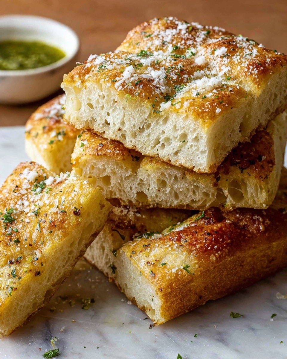 The image shows several thick rectangular pieces of golden brown bread stacked on each other. The bread has a soft, airy texture inside with many small holes and a crisp, slightly crunchy crust on top. The top is sprinkled with white grated cheese and small bits of green herbs. One piece of the bread is resting on top at an angle, showing the fluffy inside clearly. In the background, parts of a small white bowl with a green sauce are visible on a white marbled surface. The lighting highlights the bread’s warm color and its texture well photo taken with an iphone --ar 4:5 --v 7