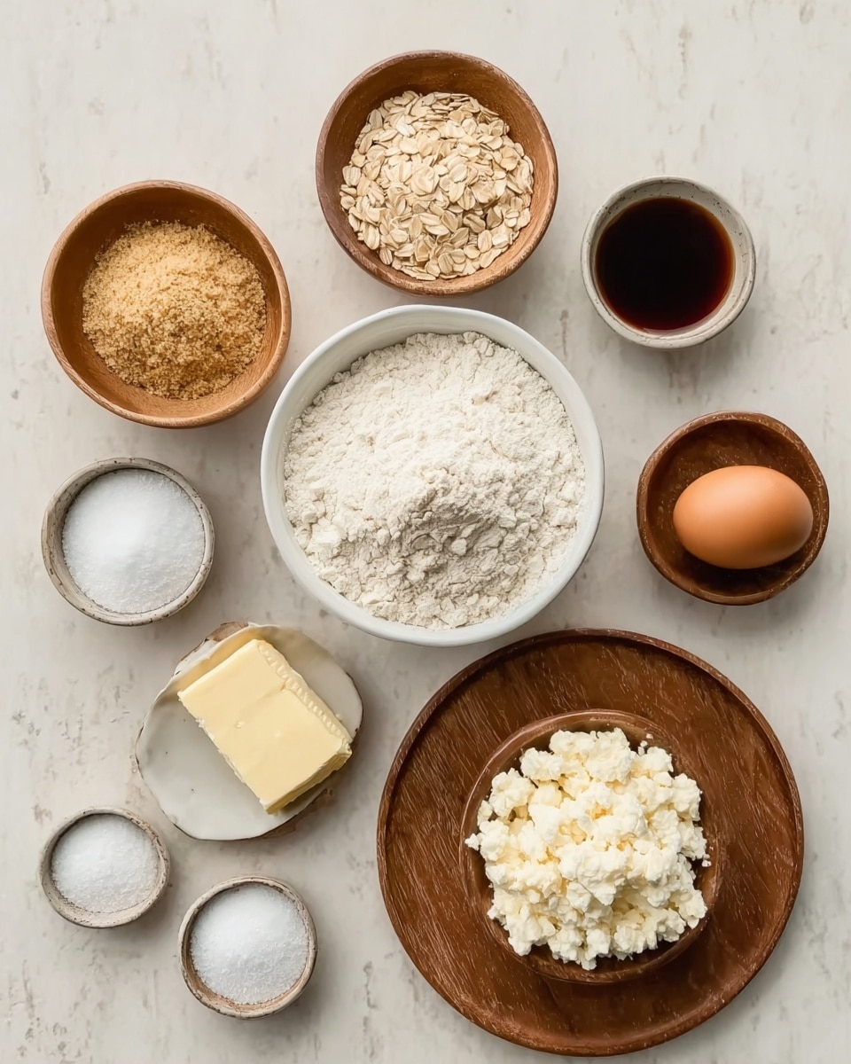 The image shows several small white bowls and a round wooden plate arranged on a white marbled surface. In the center, there is a white bowl filled with white flour. To its left, two small wooden bowls one with light brown sugar and the other with light beige oats. Below them, three small white bowls have different white powders or granules in them. To the right of the flour bowl, a wooden bowl holds white cottage cheese or curd, and next to it on the wooden plate is a brown egg and a stick of pale yellow butter. Above the sugar bowl, a small white bowl contains dark brown liquid, likely vanilla extract. The setup is neat and focused on the ingredients. Photo taken with an iphone --ar 4:5 --v 7