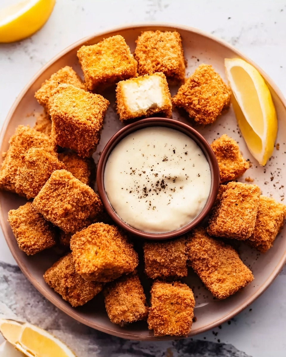 The image shows a round white plate on a white marbled surface, filled with golden brown crispy tofu cubes. One tofu cube is cut open, revealing a soft, pale inside. In the center of the plate is a small brown bowl with a creamy white sauce topped with a little black pepper. Next to the tofu cubes are two lemon wedges, one on the side of the bowl and the other on the edge of the plate. The tofu cubes look crunchy, and the sauce is smooth and thick. photo taken with an iphone --ar 4:5 --v 7