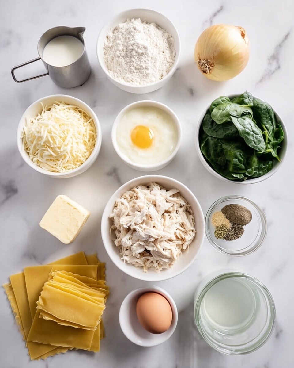 The image shows ingredients for a lasagna recipe arranged neatly on a white marbled surface. From the top left, there is a small metal measuring cup with milk, followed by a white bowl with flour, a white bowl with grated Parmesan cheese, a whole yellow onion, a white bowl filled with ricotta cheese, fresh spinach leaves in a white bowl, shredded mozzarella in a white bowl, and a clear measuring cup with broth. Below these, there are two uncooked yellow lasagna noodles on the left, a cube of butter and whole garlic bulb next to a white egg and a small glass bowl with mixed dried herbs and spices. At the center, a large white bowl contains shredded cooked chicken. The layout is clean and organized with soft natural lighting. Photo taken with an iphone --ar 4:5 --v 7