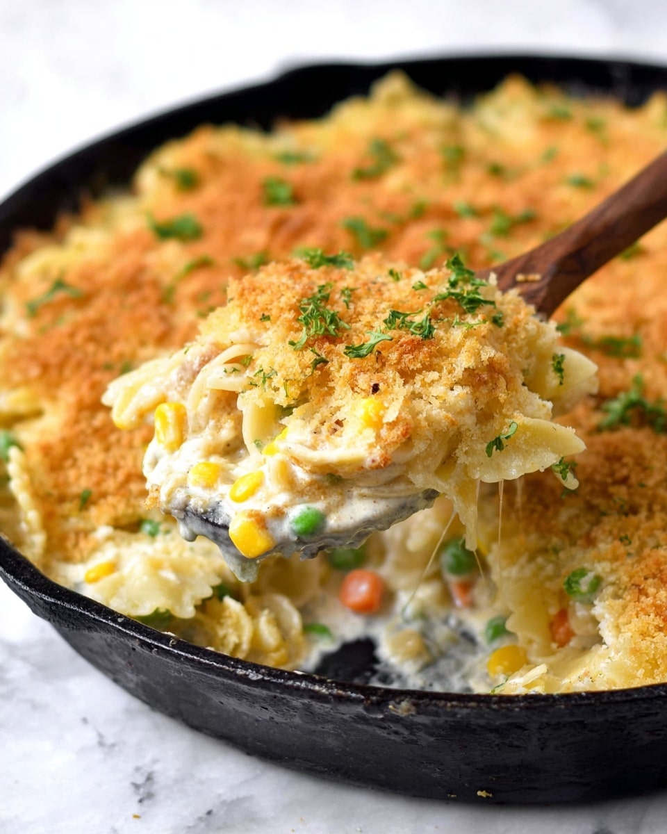 A close-up shows a black cast iron pan filled with a creamy baked casserole topped with a golden brown crispy layer. The top layer is golden and crumbly with small green parsley leaves sprinkled across it. Underneath, there are soft, creamy layers containing pasta pieces that are yellowish and slightly browned on the edges, mixed with colorful vegetables like bright yellow corn, green peas, and small orange carrot bits. A wooden spoon lifts a portion of the casserole, showing the thick creamy white sauce binding the pasta and vegetables. The background is a white marbled texture. Photo taken with an iphone --ar 4:5 --v 7