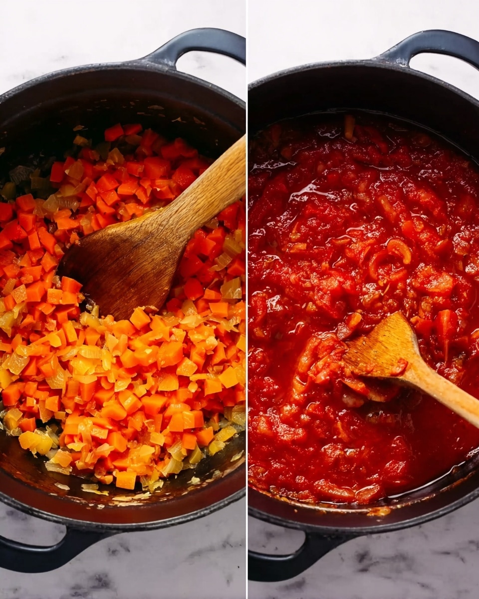 The image shows two black pots. The first pot has small, soft, orange and yellow pieces that look like cooked carrots and onions. A wooden spoon is stirring the mix. The second pot contains a thick red sauce with pieces that seem to be tomatoes and some bits of onions, partly stirred with a wooden spoon. Both pots sit on a white marbled surface. photo taken with an iphone --ar 4:5 --v 7