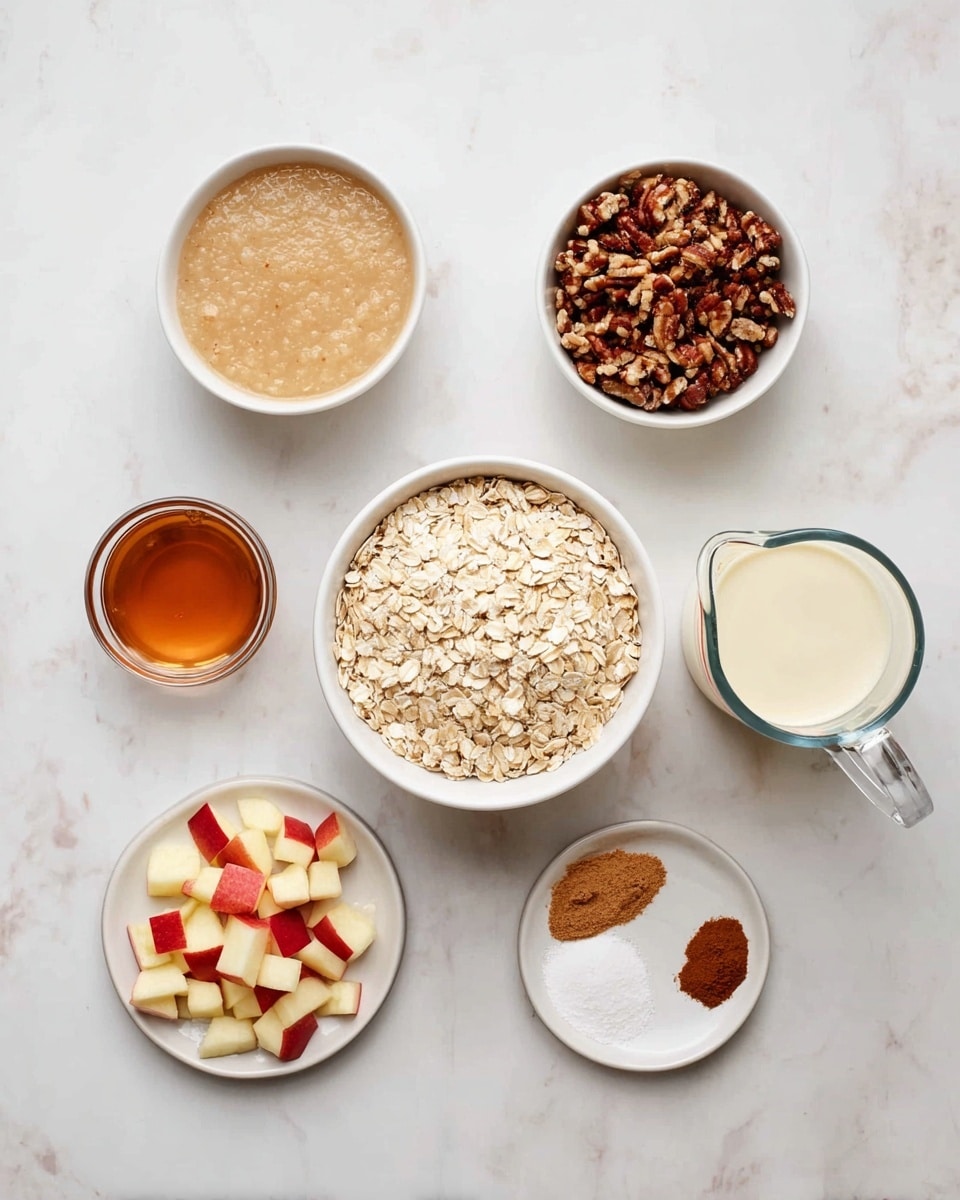 The image shows six small white bowls and a clear glass measuring cup arranged on a white marbled surface. At the center is a bowl filled with light beige rolled oats. Above it on the left is a bowl of smooth, light brown applesauce. Directly above the oats is a bowl with dark brown chopped pecans. To the right of the pecans is a clear measuring cup holding a creamy white liquid. Below the measuring cup is a small glass container filled with amber honey. Below the oats is a bowl of small, diced apple pieces with red skins. To the left of the diced apples is a small white plate with three different powders: one reddish-brown cinnamon, one white baking soda, and one white baking powder. The bowls and plate are arranged evenly with space between them. photo taken with an iphone --ar 4:5 --v 7
