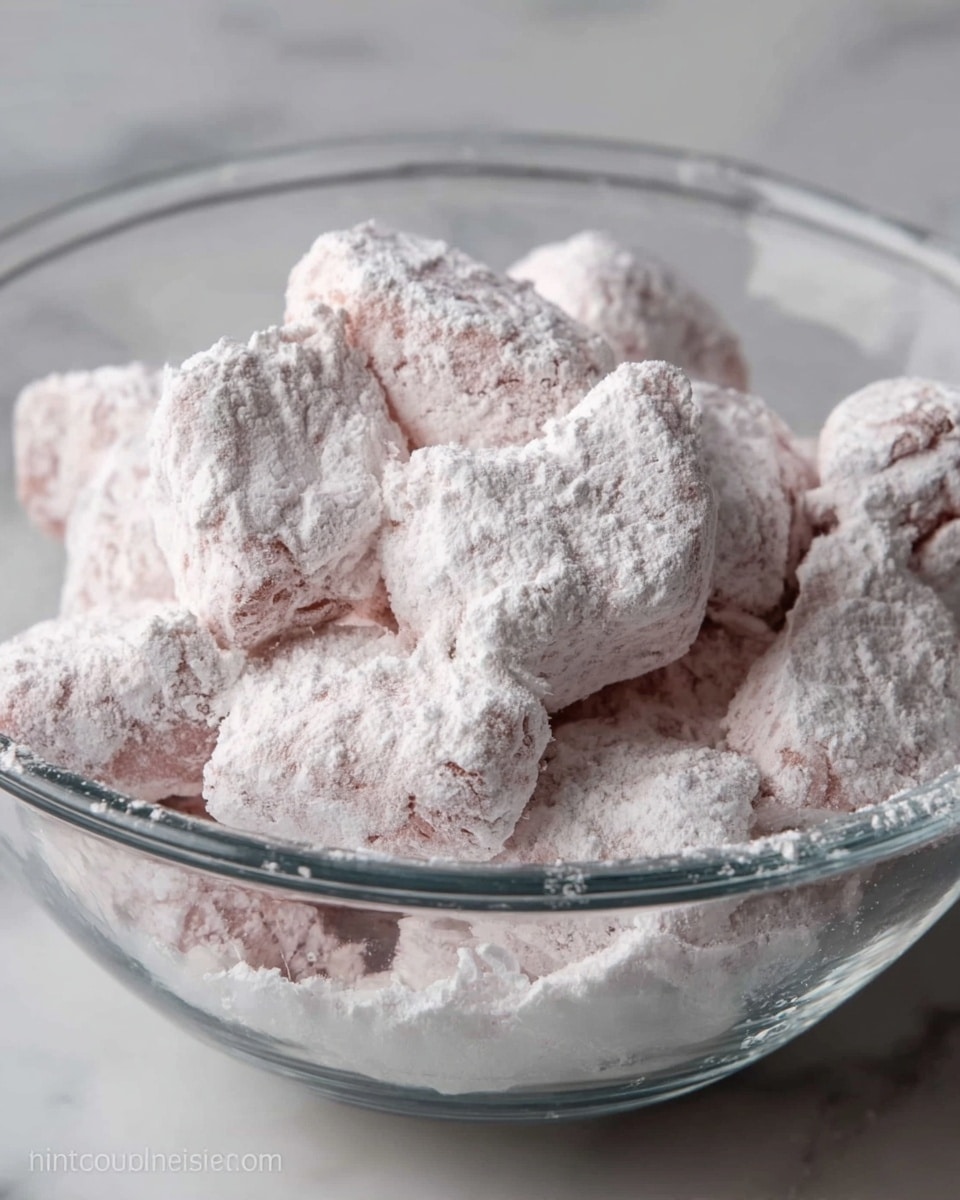 A clear glass bowl filled with several uneven pieces of light pink food coated thickly in white powder. The pieces sit stacked, some showing hints of soft texture beneath the powder. The bowl is set against a clean white marbled surface, and the focus is on the powdery coating covering each piece evenly, creating a soft, powdery visual effect. photo taken with an iphone --ar 4:5 --v 7