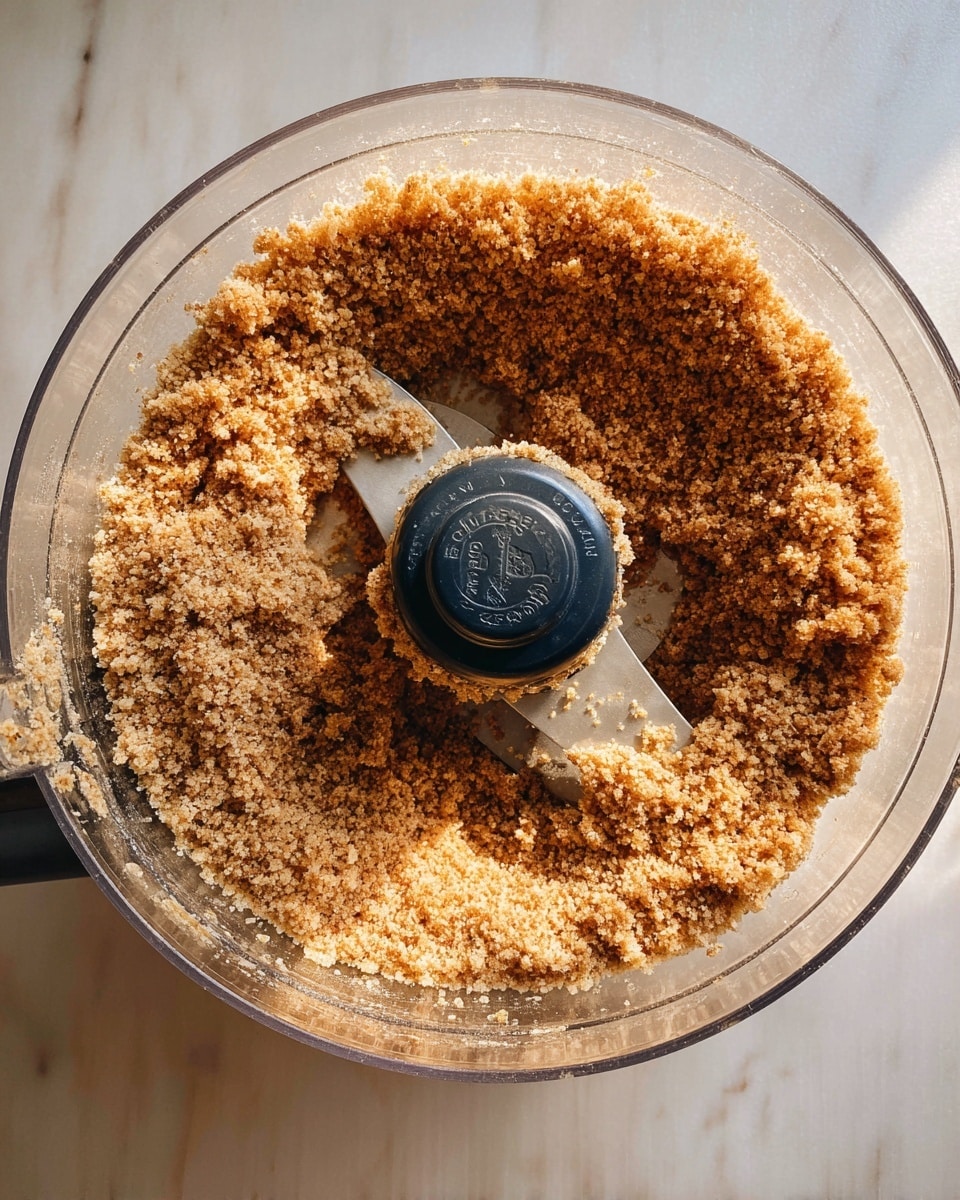 This image shows the inside of a clear food processor bowl with a metal blade in the center. Surrounding the blade is a crumbly mixture made of small brown and light tan granules evenly spread around the edges and the bottom of the bowl. The texture looks rough and grainy, similar to crushed nuts or dry breadcrumbs. The food processor sits on a white marbled surface, with natural light shining on the mixture, highlighting its coarse texture and warm colors. Photo taken with an iphone --ar 4:5 --v 7
