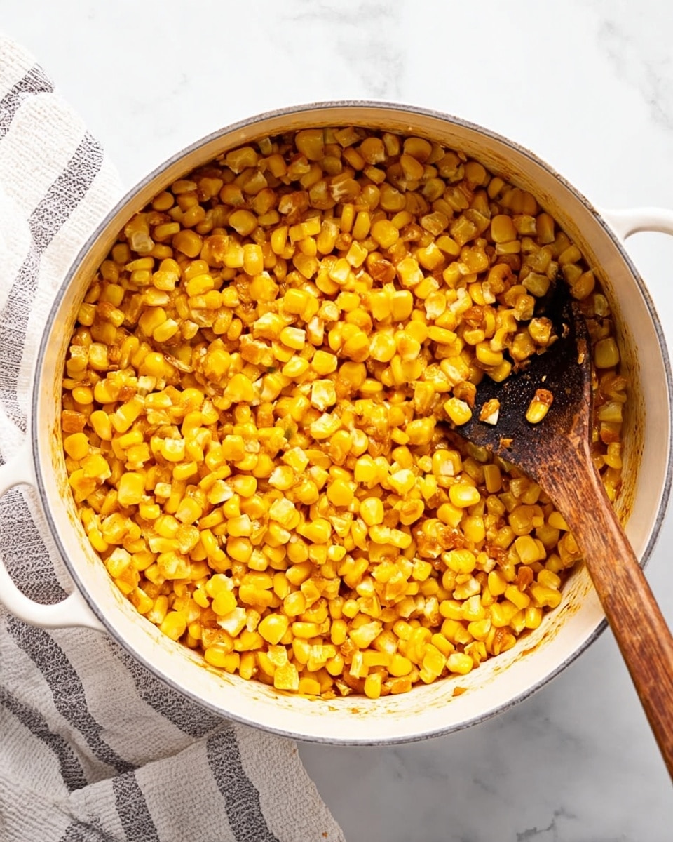 The image shows a white pot filled with cooked corn kernels that are bright yellow and lightly browned, showing a slightly oily shine. The corn pieces are spread evenly in one thick layer inside the pot, with some small bits of seasoning or tiny browned bits mixed in. A worn wooden spoon with a dark handle lies on the right side, partially covered by the corn. The pot sits on a white marbled surface, and there is a white and gray striped cloth next to it. photo taken with an iphone --ar 4:5 --v 7