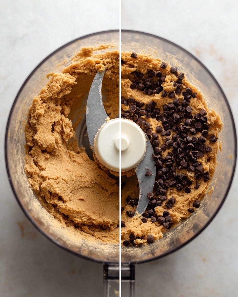 The image shows two side-by-side views inside a clear food processor bowl on a white marbled surface. The left view has one layer of soft, crumbly light brown dough mixture evenly spread inside the bowl, clinging to the sides and bottom around a central white blade. The right view displays the same dough base with a second layer added on top consisting of dark brown chocolate chips scattered unevenly throughout the dough, which looks slightly thicker and more textured. Photo taken with an iphone --ar 4:5 --v 7