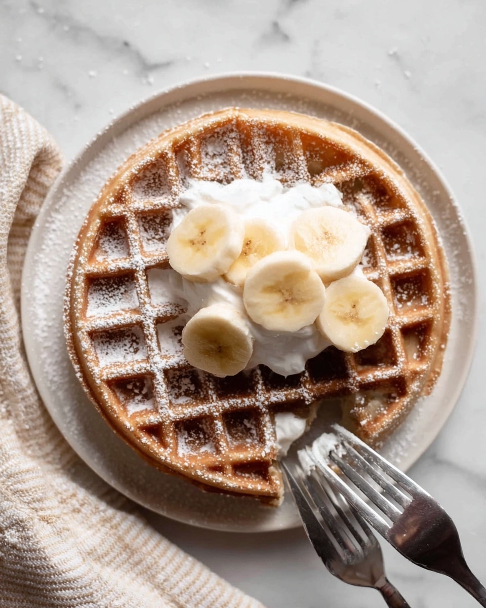 A round waffle with a golden brown color and a crisp grid pattern takes up the whole white plate. Light white powdered sugar is sprinkled lightly all over the waffle and plate edges. On top of the waffle, there is a small mound of white whipped cream with soft texture. Placed on the cream are several slices of peeled banana with pale yellow and smooth surface. Two silver forks rest on the bottom half of the waffle, one digging slightly into the cream and bananas. The plate sits on a white marbled surface with a beige striped cloth nearby. photo taken with an iphone --ar 4:5 --v 7