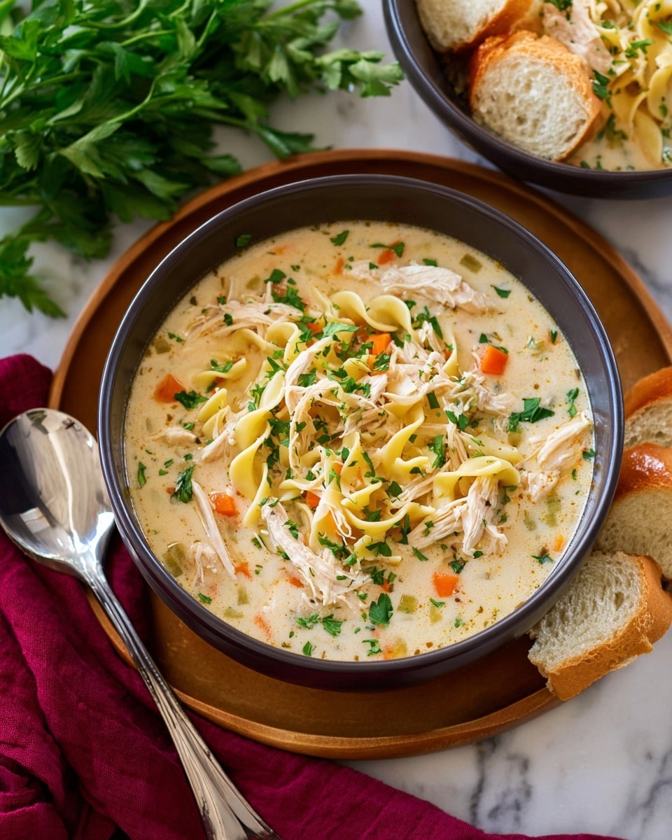 A bowl filled with creamy chicken noodle soup shows three main layers: the broth, noodles, and toppings. The bottom layer is a smooth, light beige creamy broth. The middle layer has yellowish spiral egg noodles mixed evenly with small pieces of orange carrot and light green celery. On top, there are shredded pieces of white chicken meat spread around with small green parsley leaves sprinkled for color. The bowl is dark and sits on a round wooden plate with chunks of light brown bread beside it on a white marbled surface. A silver spoon lays beside the bowl and a bunch of fresh green parsley is nearby, with a deep red cloth adding a soft contrast at one corner. Photo taken with an iphone --ar 4:5 --v 7