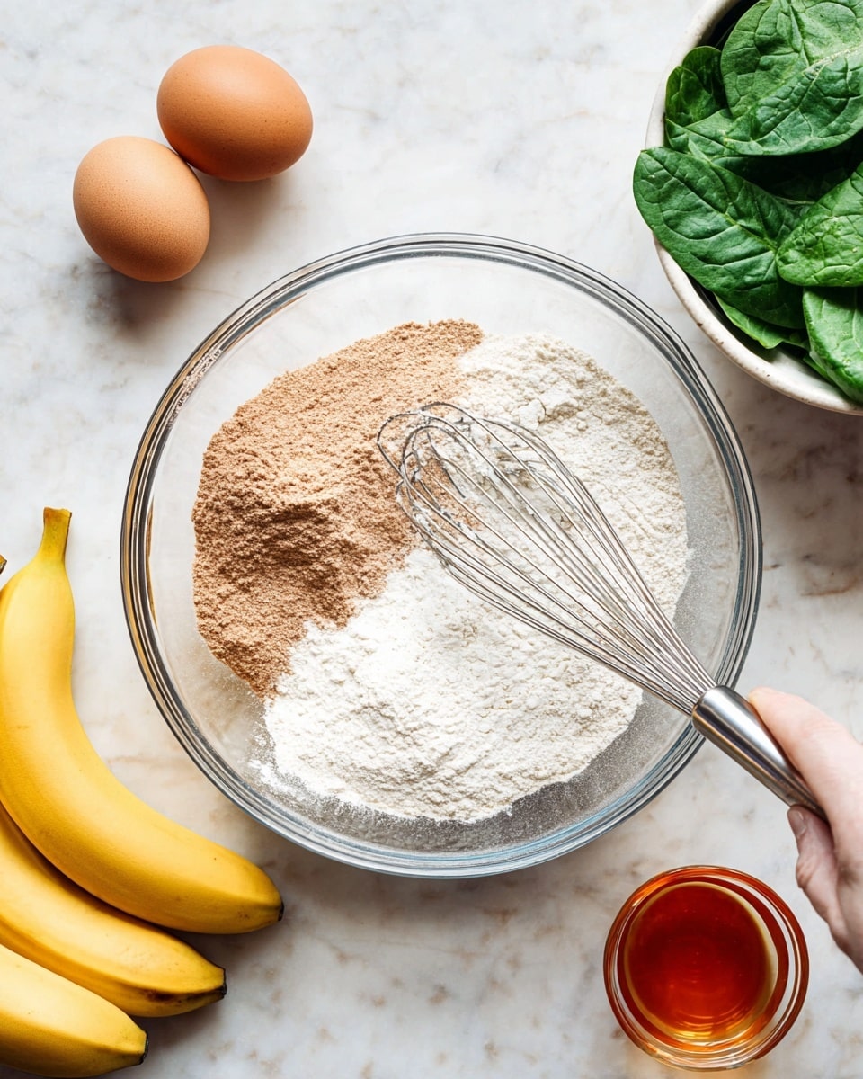 A clear glass bowl holds three layers of dry ingredients: a light brown powdery layer on the left, a white powdery layer on the bottom right, and a slightly off-white powdery layer on the upper right, with a silver whisk mixing them. A woman's hand holds the bowl from the left side, and another woman's hand holds the whisk on the right side. Around the bowl on a white marbled surface, there are two brown eggs toward the top, a white bowl filled with fresh green spinach leaves on the upper right, two yellow bananas on the left, and a small glass cup containing amber-colored liquid near the bottom right corner. Photo taken with an iphone --ar 4:5 --v 7