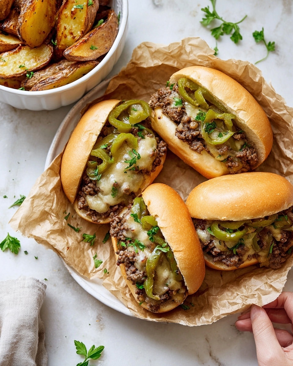 Three sandwiches are placed on crumpled brown parchment paper on a white plate with a white marbled background. Each sandwich has one bottom layer of a soft, golden-brown bun, followed by a filling of cooked ground beef mixed with sautéed green bell pepper slices and melted cheese with a slightly creamy texture, garnished with fresh green parsley leaves. The top layer is the golden-brown bun, slightly domed. To the left, a white bowl holds roasted potato wedges with a crispy, browned outer surface and a pale yellow inside. A woman's hand is holding the edge of the plate. Around the plate, small scattered parsley leaves add a fresh green touch. Photo taken with an iphone --ar 4:5 --v 7