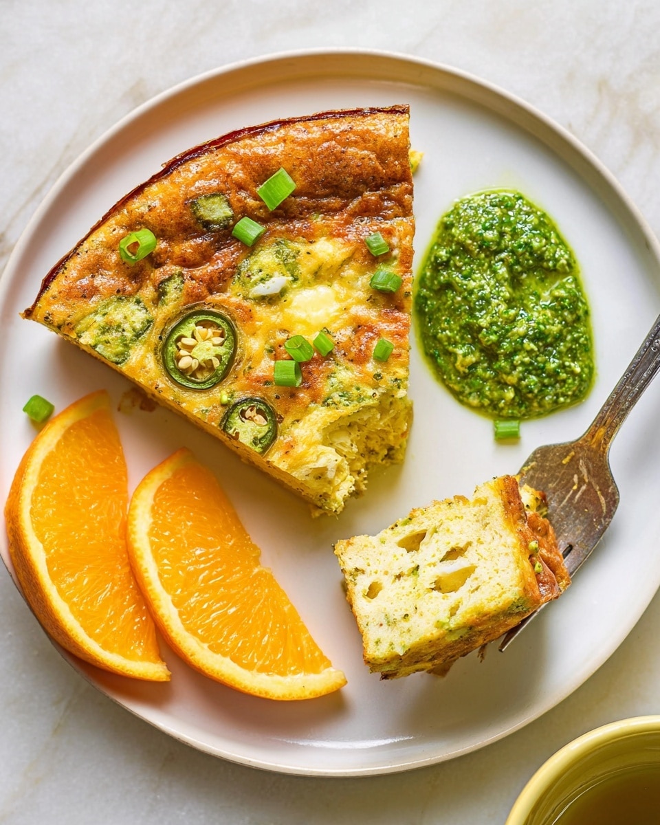 On a white plate, there is a slice of golden-brown frittata with a slightly crispy top, speckled with green jalapeño rings and chopped green onions. A spoonful of bright green pesto sits next to the frittata, its texture thick with visible bits of herbs and nuts. Beside the slice, a piece of frittata is held by a fork, showing a light, fluffy, pale yellow inside with small air pockets and a crust similar to the larger piece. At the bottom left of the plate are two bright orange slices. The white marbled surface serves as the background, and the photo is taken with an iphone --ar 4:5 --v 7