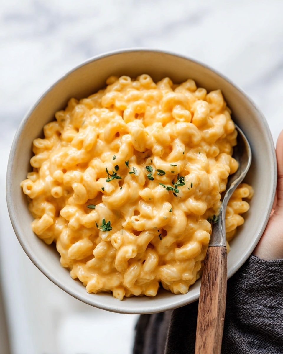 A close-up view of creamy macaroni and cheese inside a black pot sitting on a white marbled surface. The macaroni pasta shapes are clearly visible, fully coated in smooth, rich, yellow-orange cheese sauce with specks of black pepper and herbs. A silver spoon is partly inserted into the cheesy pasta, lifting some of it, showing the thick texture of the sauce. The inside rim of the pot has some cheese sauce stuck on it, adding to the homemade feel. Photo taken with an iphone --ar 4:5 --v 7