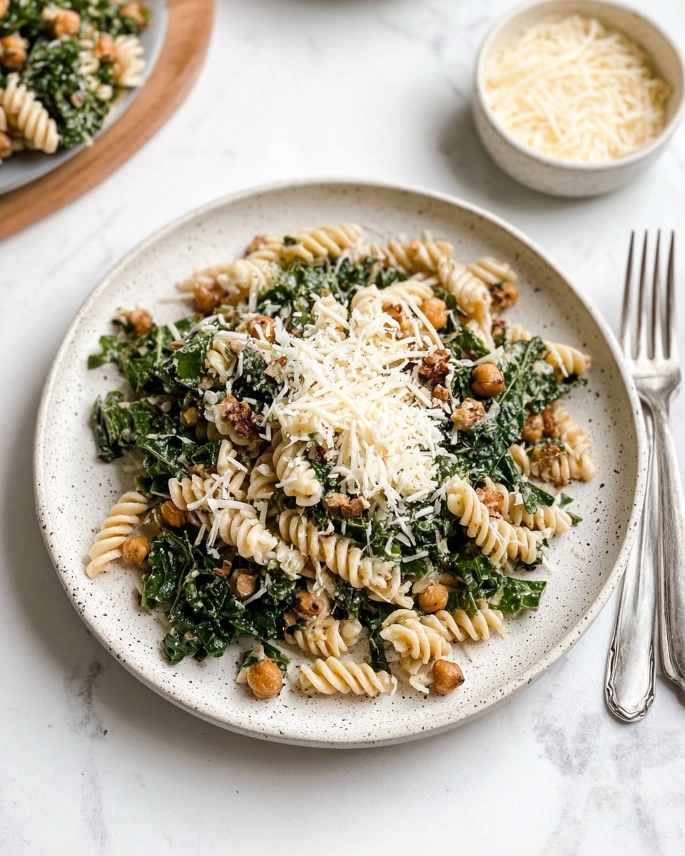 The image shows a round white speckled plate filled with a creamy pasta salad made with spiral-shaped pasta. The pasta is mixed with dark green leafy kale and small browned chickpeas that add texture. On top, there is a generous layer of shredded white cheese, scattered loosely to cover the salad. The plate sits on a white marbled surface, with a small white speckled bowl of extra shredded cheese in the top right background. Two silver forks lay next to the plate on the right side. The scene has soft natural light and a clean, fresh look. Photo taken with an iphone --ar 4:5 --v 7