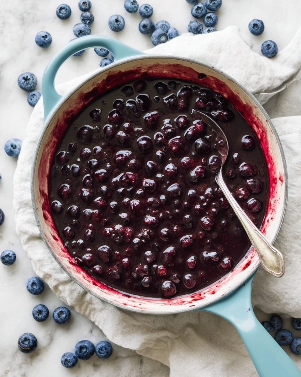 A light blue pan filled with a thick dark purple sauce mixed with many whole blueberries, the sauce has a shiny texture and some bubbles on the surface, a silver spoon rests inside the pan on the right side, bright red stains surround the inside edge of the pan, the pan is placed on a white marbled surface with scattered fresh blueberries around it and a white cloth underneath. photo taken with an iphone --ar 4:5 --v 7