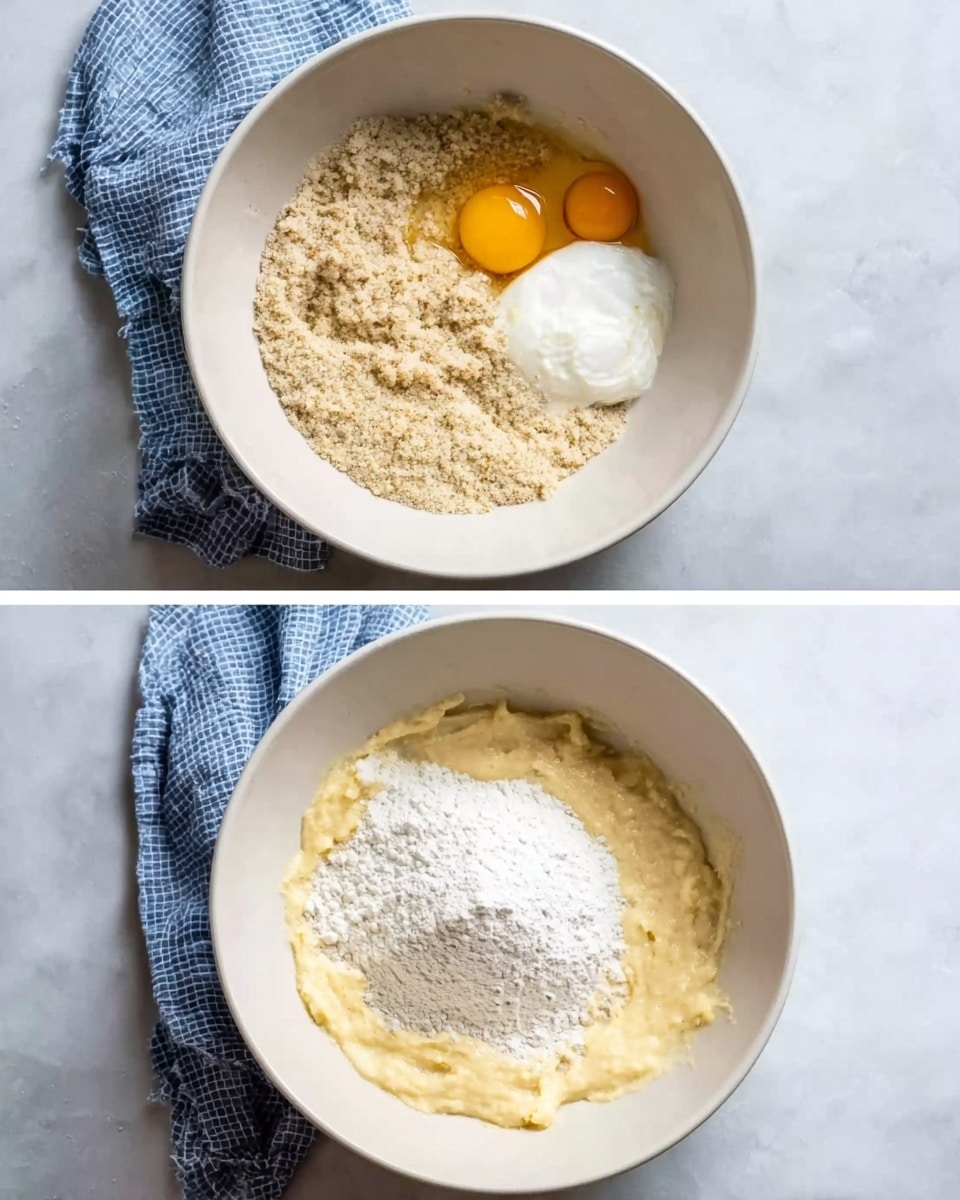A white mixing bowl sits on a white marbled surface, filled with various baking ingredients. In the left image, the bowl contains a rough, grainy light brown layer on the bottom left side, two raw egg yolks visible near the top center-right, a dollop of white creamy yogurt or sour cream on the right, and a pale yellow soft mixture at the bottom center, with all ingredients separate but close together. In the right image, the bowl has a smooth, creamy beige base layer with a small mountain of white flour on top toward the center. A blue and white cloth napkin is partially visible near the top edge of each image. Photo taken with an iphone --ar 4:5 --v 7