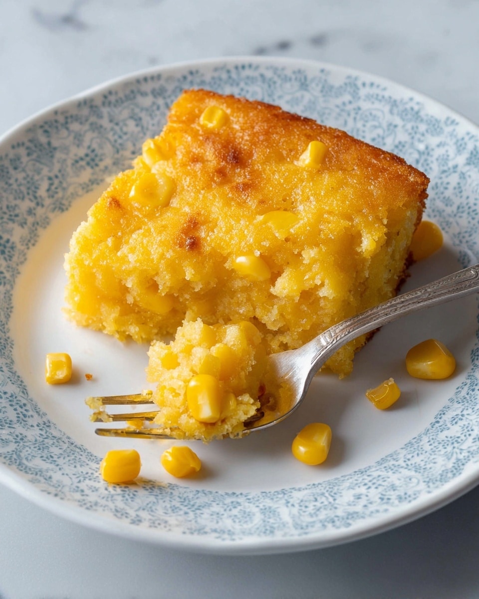 The image shows a close-up of a single slice of golden yellow corn pudding on a white decorative plate with a light blue patterned rim. The corn pudding has a textured, slightly crisp surface with visible whole corn kernels mixed throughout. A silver fork rests on the plate, holding a small bite of the corn pudding that reveals its soft, moist interior filled with more yellow corn bits. There are a few loose corn kernels scattered around the plate. The background features a white marbled surface. photo taken with an iphone --ar 4:5 --v 7