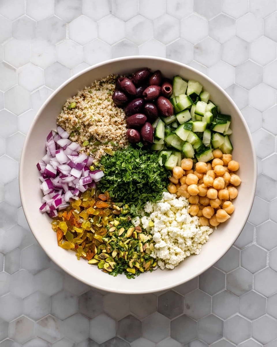 A white bowl sits on a white marbled hexagonal tile surface, filled with nine neat sections of different foods forming a circle. Starting from the top right and moving clockwise, there are dark purple sliced olives, small green cucumber cubes, finely chopped red onion, bright green chopped herbs, green pistachio nuts, light brown grain, white crumbly cheese, light beige chickpeas, and golden raisins with small green pieces mixed in. Each section has a clear color and texture contrast, showing a fresh, healthy mix. Photo taken with an iphone --ar 4:5 --v 7