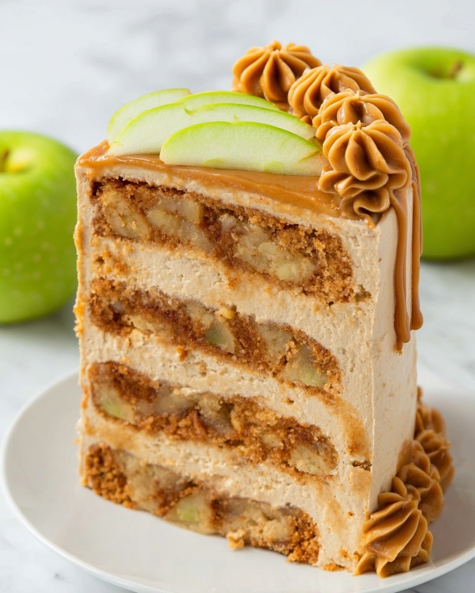 The image shows a tall four-layer apple cake on a white plate, with the inside texture clearly visible. Each cake layer is light brown with small apple pieces inside, separated by creamy light brown frosting layers. The top of the cake has a smooth caramel-colored glaze with thick swirls of the same light brown frosting placed around the edges. There are three thin slices of green apple arranged on one side of the cake's top. The cake is set on a white marbled surface with two whole green apples blurred in the background. Photo taken with an iphone --ar 4:5 --v 7