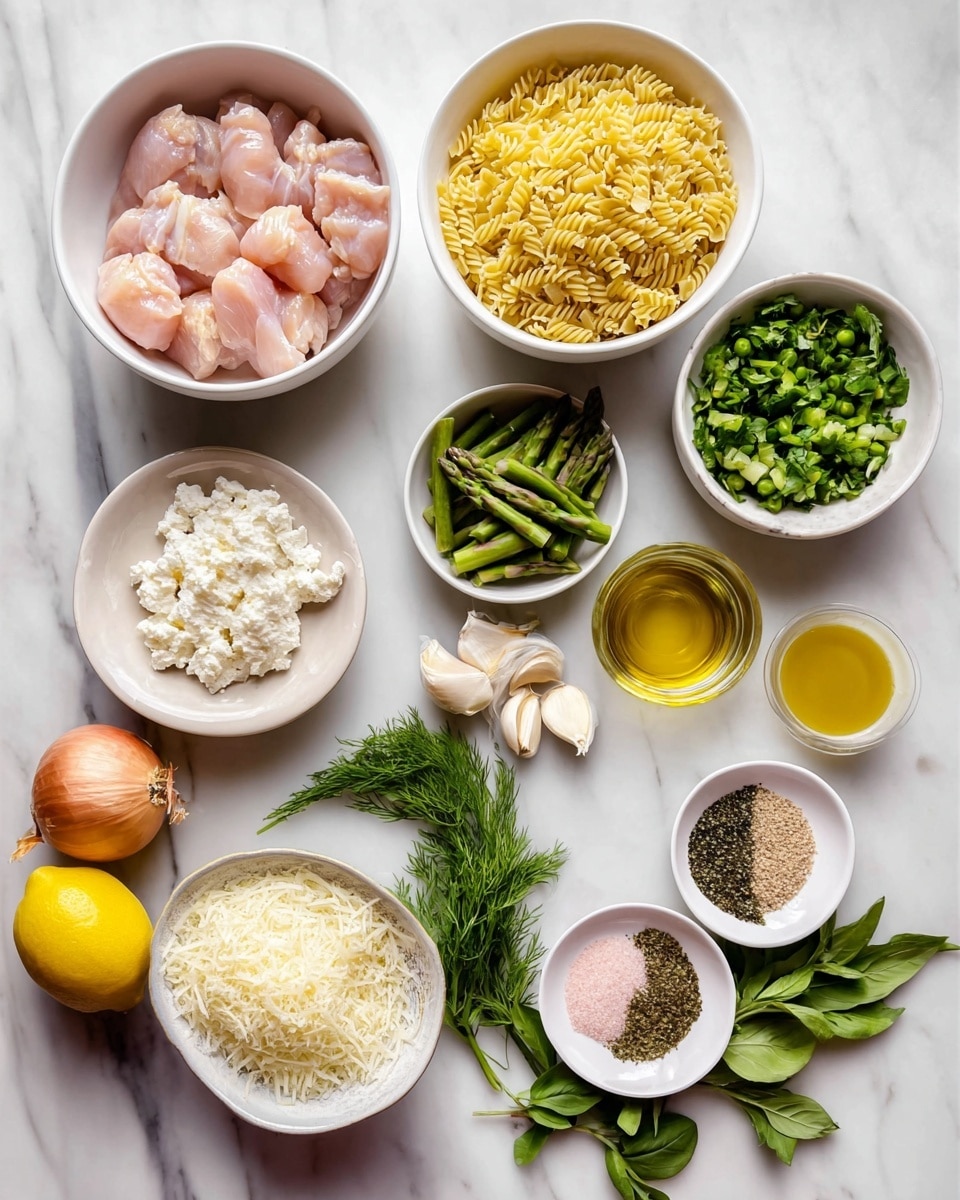 The image shows an organized arrangement of ingredients on a white marbled surface. In the top left, there is a white bowl filled with light pink raw chicken pieces. Below it, a white bowl holds uncooked yellow orzo pasta. To the right of the orzo, a white bowl contains chopped green asparagus. Above the asparagus is a small white bowl with a golden liquid, likely oil, and to the top right, another white bowl has three piles of different spices with colors of green, pink, and black. A small white bowl with peeled garlic cloves sits in the center, near fresh green herbs including parsley, dill, and basil leaves scattered around. A whole yellow lemon also lies near the herbs. Two small dishes near the bottom left contain white cottage cheese and finely shredded pale yellow cheese. Onions with papery brown skin are also visible. The photo is taken with an iphone --ar 4:5 --v 7