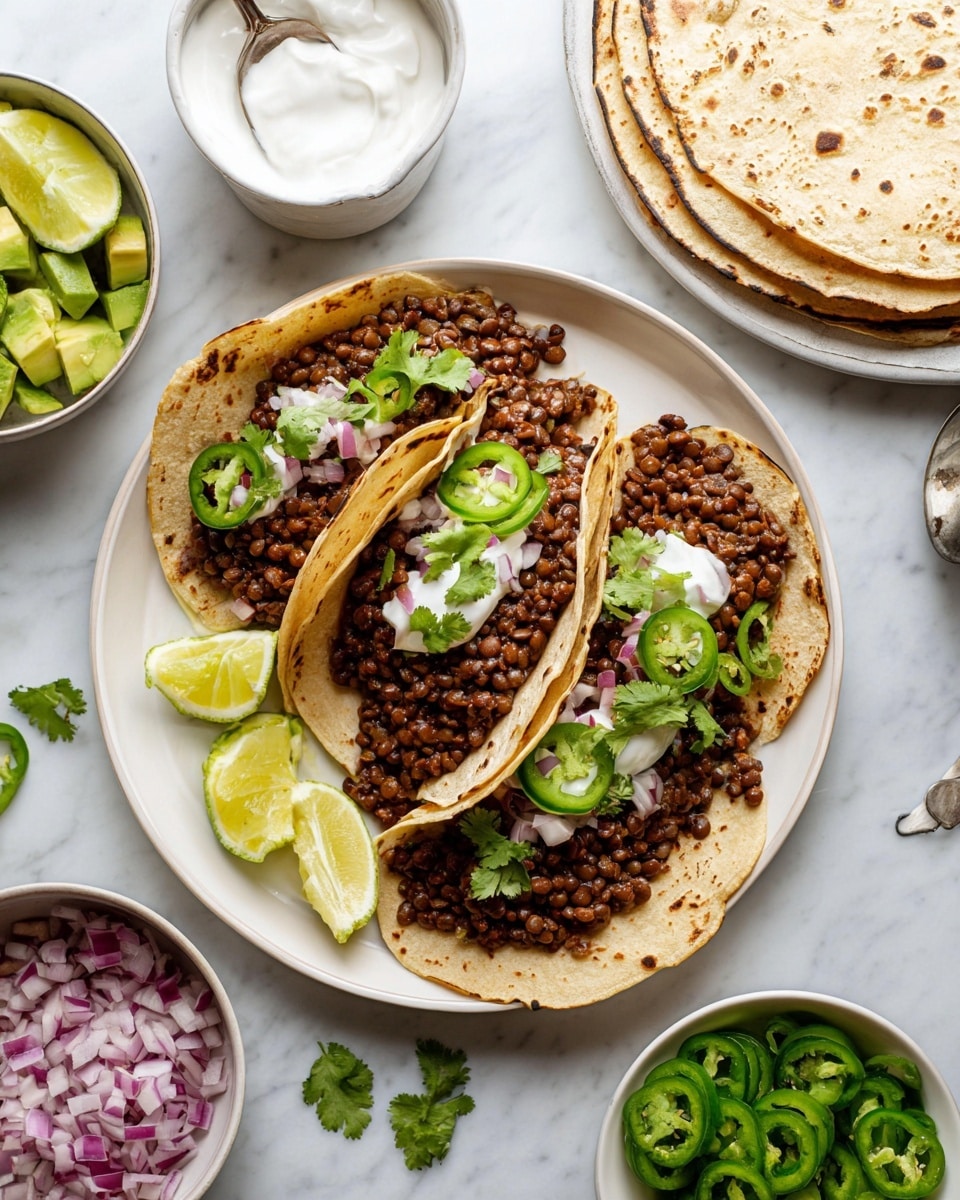 Three soft, slightly charred corn tortillas lie folded in a white plate, each filled with dark brown cooked lentils. On top of the lentils are small dollops of white sour cream, thin green slices of jalapeño, and scattered small pieces of purple onion. Fresh green cilantro leaves are placed on the lentils and around the plate, where there are also two lemon wedges. Surrounding the plate on a white marbled surface are small white bowls with cubed avocado, sliced green jalapeños, chopped red onion, lime wedges, and a spoon resting in a bowl of sour cream. In the background is a white plate stacked with more tortillas. Photo taken with an iphone --ar 4:5 --v 7