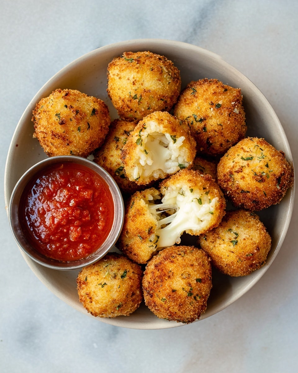 A round golden brown fried ball with a crispy texture on the outside and white creamy rice inside is shown in a white bowl on a white marbled surface. One ball is broken open in the center, showing strings of melted light yellow cheese inside, surrounded by white soft rice. The balls are sprinkled lightly with green herbs. Next to the balls is a small bowl filled with bright red chunky tomato sauce. photo taken with an iphone --ar 4:5 --v 7