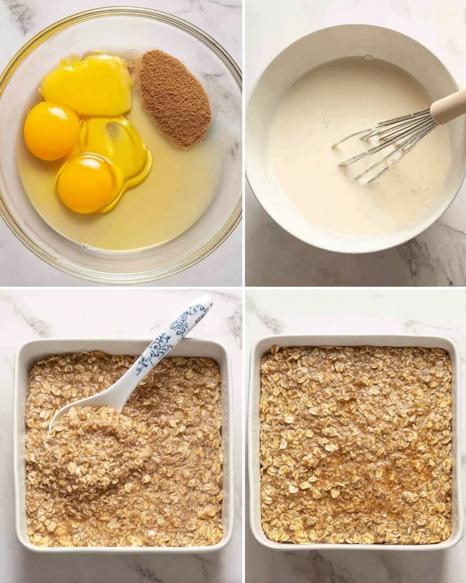 The image shows four steps of making an oat mixture, all placed on a white marbled surface. The first step in a clear glass bowl contains two bright yellow egg yolks, a brown powder, and a sticky light brown liquid on one side. In the second step, a whisk is mixing a creamy white liquid in a white bowl. The third step shows the oat mixture being stirred with a white spoon that has a blue pattern, revealing a rough, textured surface made of oats mixed with the liquid. The fourth step is a white baking dish filled evenly with the thick oat mixture, showing a consistent rough oat texture on top. Photo taken with an iphone --ar 4:5 --v 7