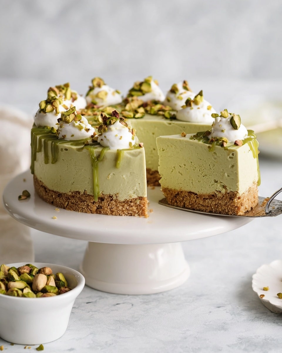The image shows a round cake with two clear layers on a white cake stand. The bottom layer is a thick, crumbly, light brown crust, and above it is a thick, creamy light green layer with a smooth texture. The top is decorated with small white dollops, glossy green drizzle, and scattered whole and chopped pistachio nuts. A slice is cut out and lifted with a silver cake server, revealing a soft, dense inside. The background is a white marbled texture with a small white bowl of pistachios nearby. Photo taken with an iphone --ar 4:5 --v 7