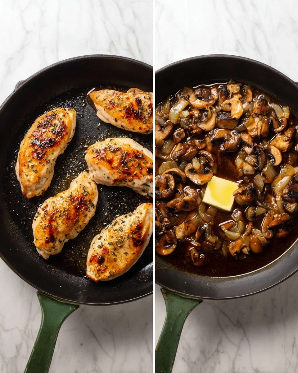 The image shows two views of a green cast iron pan on a white marbled texture. On the left, there are four pieces of cooked chicken with a light brown, slightly crispy surface, with some dark grill marks on a black pan surface. On the right, the pan contains a sauce with a dark brown glossy liquid filled with sliced mushrooms, soft caramelized onions, and small bits of garlic, with a small dollop of light yellow butter melting on top. The pan handle extends towards the bottom of the frame in both views. photo taken with an iphone --ar 4:5 --v 7