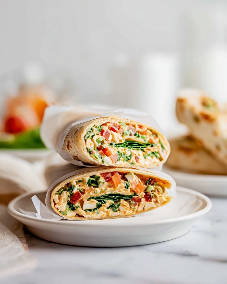 The image shows a stack of two wraps on a white plate with white paper partially wrapped around them. The top wrap is cut in half and stacked with the cross-section facing forward, showing four layers: the light brown tortilla on the outside, a layer with green leafy vegetables, a mix of red diced tomatoes and orange bits, and a creamy pale layer of soft cheese or spread. The wrap below is whole, visible through the semi-transparent white paper, showing similar colors and textures. The plate is on a white marbled surface, with a blurred background of light cream color and some faint objects out of focus. Photo taken with an iphone --ar 4:5 --v 7