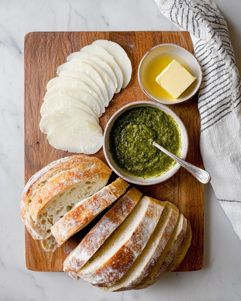 The image shows a wooden board on a white marbled surface holding three main items arranged neatly: on the left side there is a stack of thin white slices of cheese placed slightly fanned out, next to it in the center there is a small bowl filled with green pesto sauce with a silver spoon inside, and on the right side there is a small bowl of yellow butter. Below the bowls, a loaf of crusty bread is sliced thickly and arranged in a curved line with the crust showing a light dusting of flour. In the top right corner, a white and black striped cloth is casually placed. photo taken with an iphone --ar 4:5 --v 7