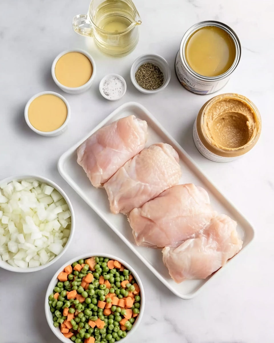 The image shows a white tray in the center with four raw light pink pieces of chicken stacked side by side. Around the tray, there are small white bowls with various ingredients: chopped white onions at the bottom left, mixed frozen vegetables including green beans, carrots, and peas in a white bowl at the bottom right, a small bowl of dried herbs, a small bowl of garlic powder, and a small bowl of black pepper arranged in a loose circle. Above the tray, there is a small glass pitcher filled with light yellow broth and a large opened can of brownish peanut butter on the right side. Two small round containers with solid yellow and beige ingredients sit near the top left on the white marbled surface. The background is a white marbled texture. The photo is taken with an iphone --ar 4:5 --v 7