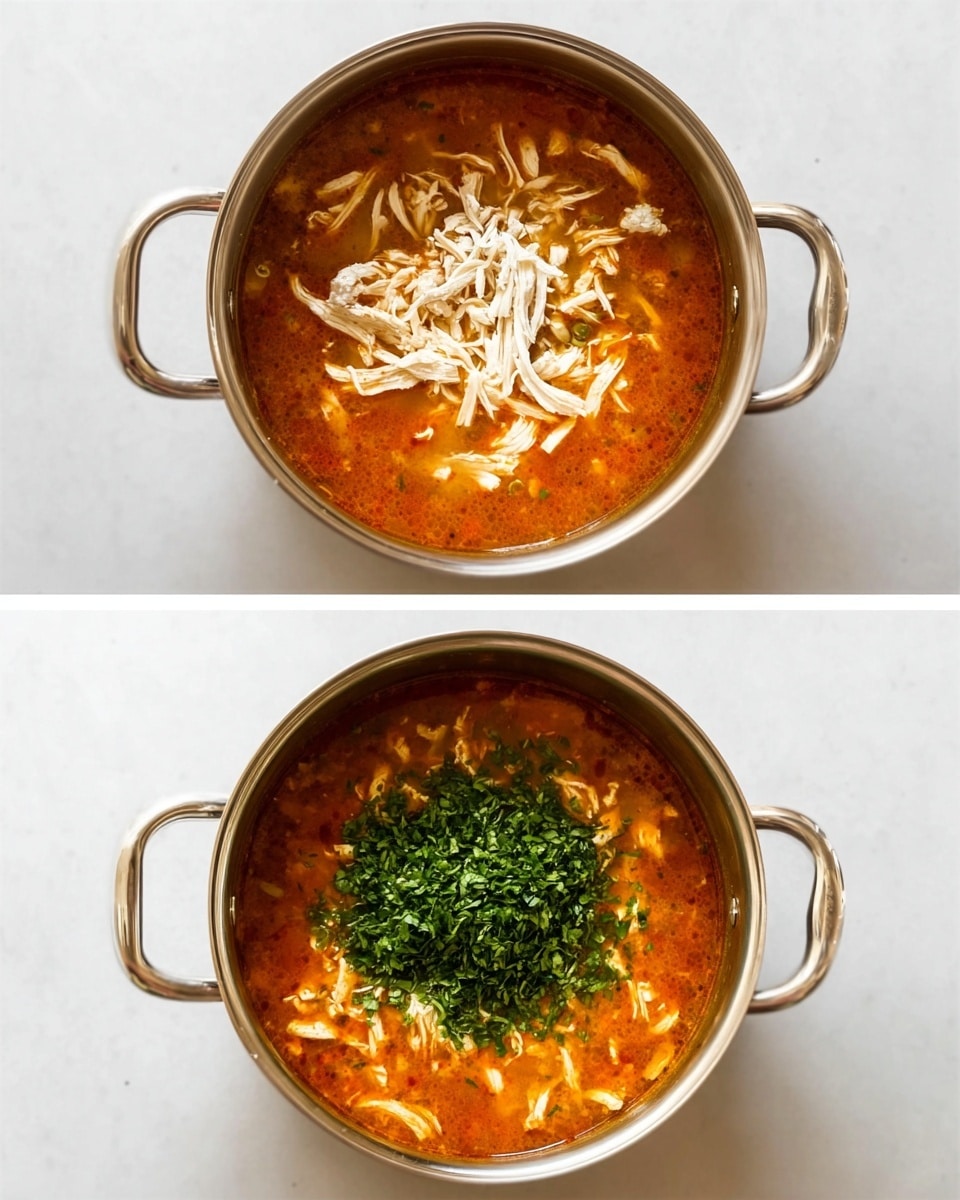 A silver pot sits on a white marbled surface, filled with a reddish-orange soup base. In the first image, there are thin white pieces of shredded chicken on top of the soup in the center. In the second image, the shredded chicken is mixed with the soup, and a large pile of bright green chopped herbs sits in the center, creating a strong contrast to the soup's color. The soup looks warm and lightly oily. Photo taken with an iphone --ar 4:5 --v 7