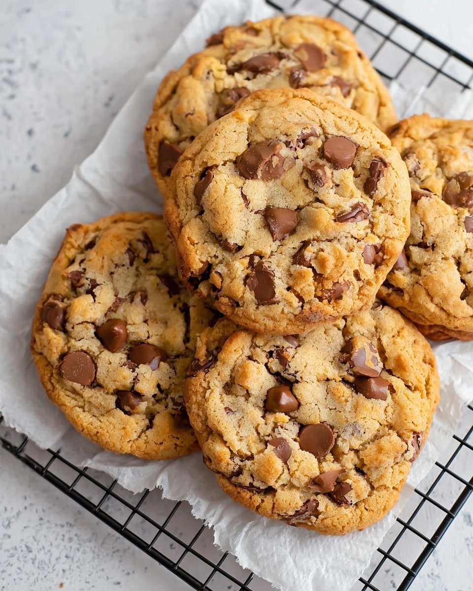 A close-up of five thick chocolate chip cookies with a cracked, golden-brown surface, showing soft, light brown dough with melted milk chocolate chips scattered on top and inside. The cookies rest on a black wire cooling rack lined with white parchment paper, placed on a white marbled textured surface. The textures show a mix of crumbly edges and gooey centers, with some chocolate chips slightly melted and others whole, adding depth to the cookies’ rough, uneven tops. Photo taken with an iphone --ar 4:5 --v 7