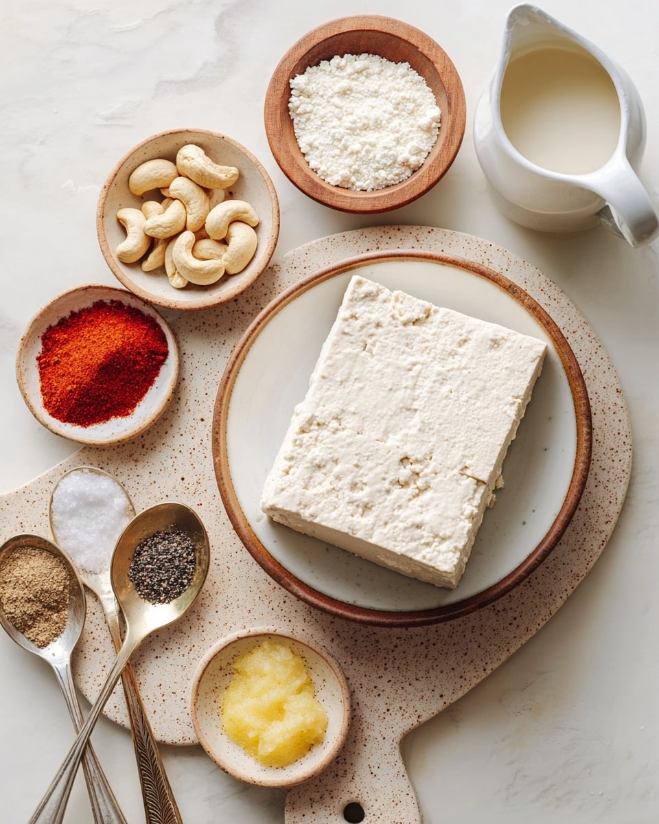 The image shows an arrangement of ingredients on a white marbled surface. In the center, there is a white bowl with a brown rim holding a block of white tofu with a crumbly texture. Around it, there are four small bowls with different contents: cashew nuts, a white powder, nutritional yeast flakes, and a yellow lemon wedge. On the left side, four spoons are placed on a round beige and white speckled cutting board; from top to bottom, the spoons hold red paprika powder, black pepper, garlic powder, and salt. To the right, a white pitcher contains a white liquid. The overall color palette is neutral with earthy tones and the scene is bright and clean. photo taken with an iphone --ar 4:5 --v 7