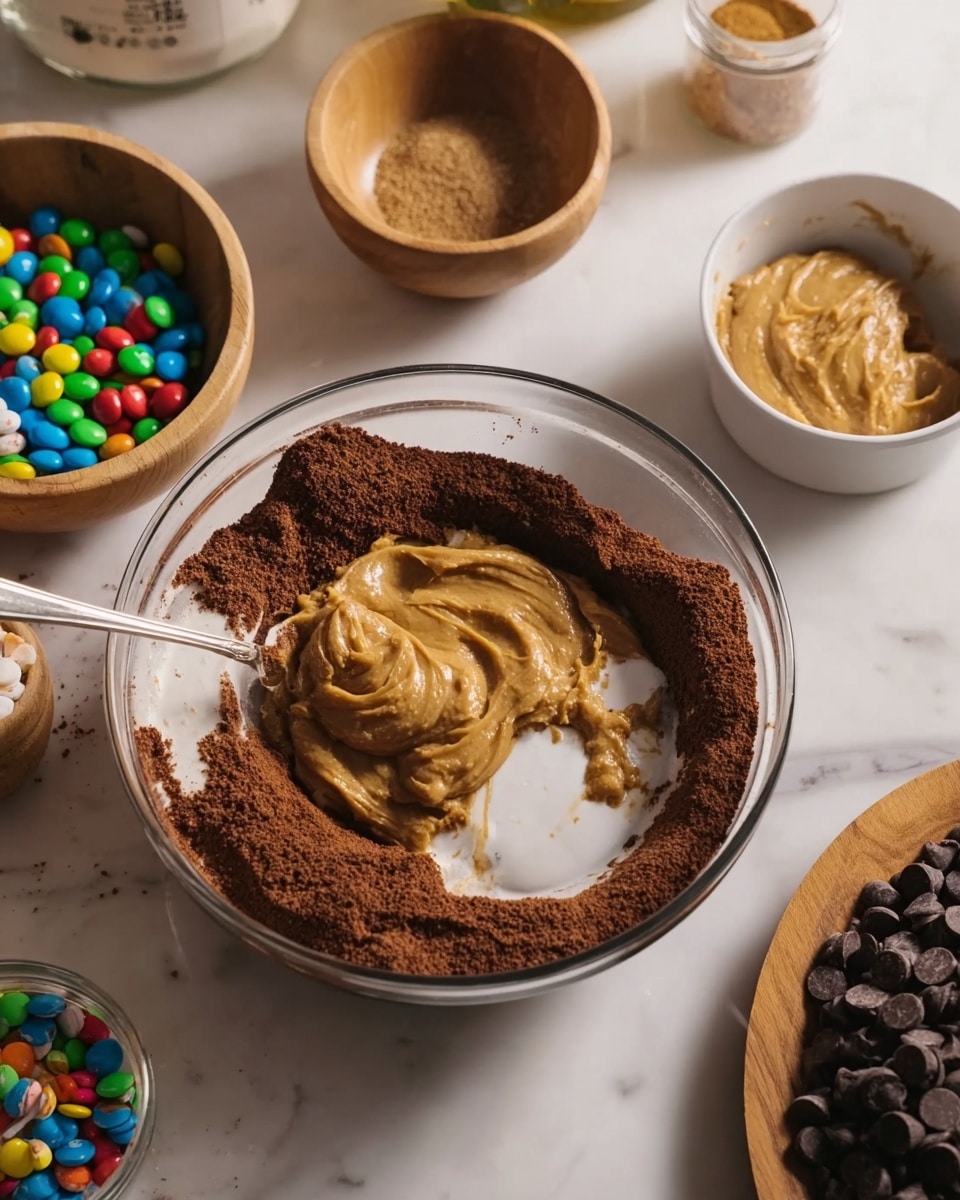 A clear glass bowl on a white marbled surface holds a layer of dark brown cocoa powder around the edges, with a thick, light brown peanut butter mixture dolloped in the center along with some white liquid ingredients. Nearby, a small white bowl filled with creamy peanut butter has a spoon resting in it. Surrounding the main bowl are a small round wooden bowl of salt, a white bowl full of colorful round candy pieces, and a small wooden plate piled with dark chocolate chips. A woman's hand is reaching into the scene holding a bowl or spoon slightly out of frame. Photo taken with an iphone --ar 4:5 --v 7