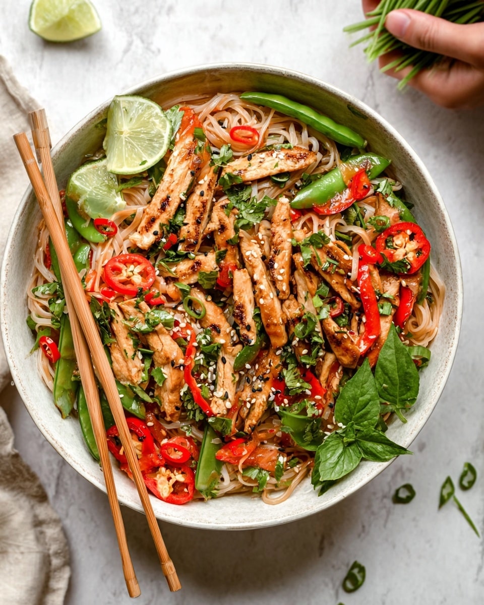 The image shows a large white bowl filled with many layers of food on a white marbled surface. The bottom layer is light brown thin rice noodles. On top, there are many thin grilled chicken strips with a light brown color and grill marks. Around the chicken, green sugar snap peas and thin red bell pepper slices are mixed in. Bright red chili slices and small green herbs are sprinkled over everything. A few sesame seeds, both white and black, are scattered across the dish. There are two long light wooden chopsticks resting on the left side of the bowl. A small wedge of light yellow lime and fresh green leaves decorate the edge of the bowl. In the background, a woman's hand is lightly holding some green onions. The photo taken with an iphone --ar 4:5 --v 7