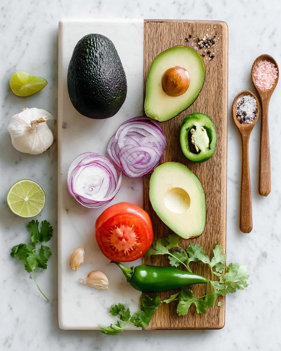 A white marble cutting board with a wooden section holds fresh ingredients arranged neatly: a whole dark green avocado and two halves, one with the brown seed and the other empty, showing the creamy light green inside; a halved green chili pepper with white seeds visible inside; two garlic cloves; a bright red tomato with a green stem; two purple onion wedges showing layers; a few fresh green cilantro sprigs; and green lime halves and wedges showing the juicy inside. Two wooden spoons with pink salt and black pepper rest on the board near some more cilantro leaves. The scene is set on a white marbled surface. photo taken with an iphone --ar 4:5 --v 7
