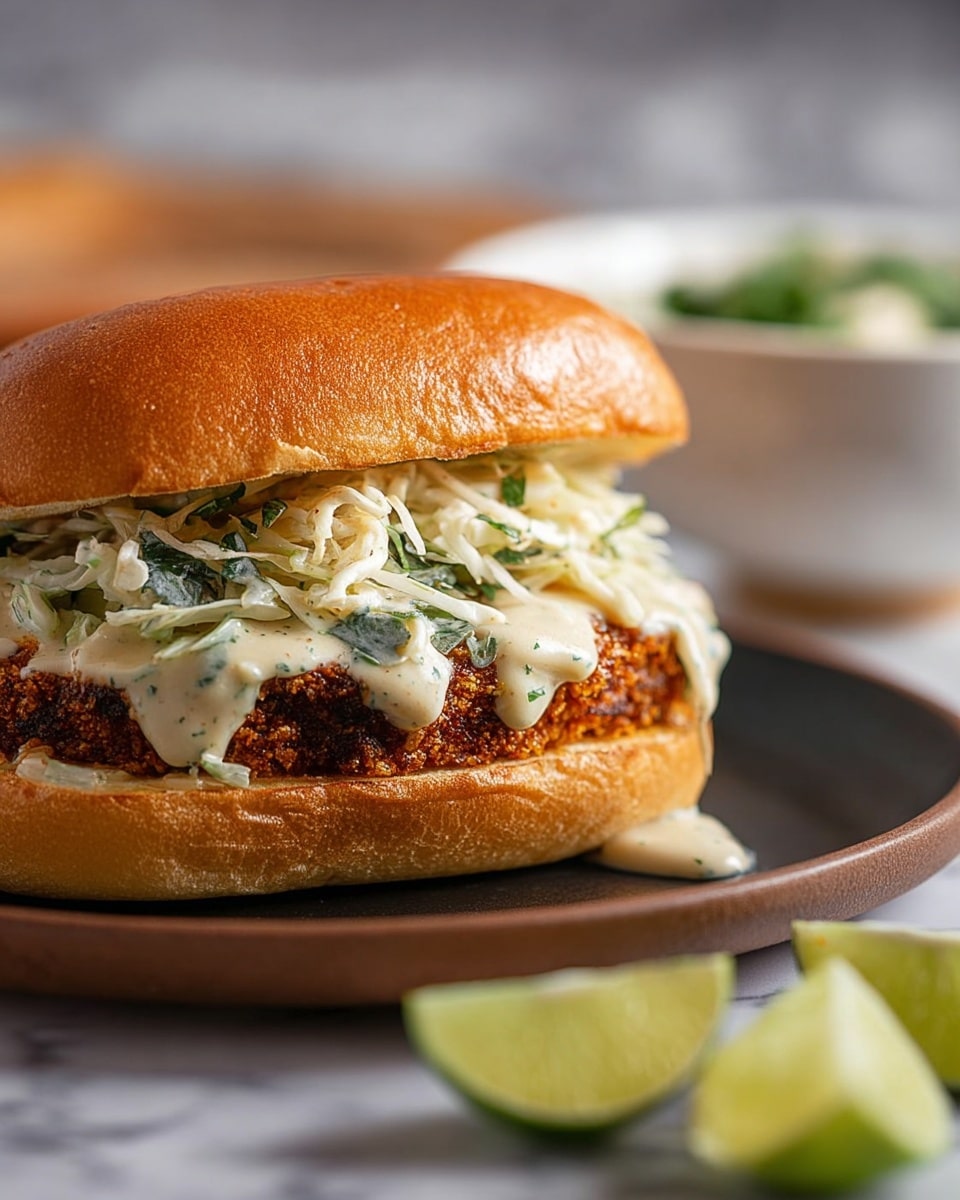 The image shows a sandwich with a golden brown toasted bun on top and a crispy, dark orange-brown fried patty inside as the first layer. On top of the patty, there is a layer of thin, shredded white cabbage mixed with green herbs. Drizzled over the cabbage and patty is a light-colored creamy sauce with visible green herb specks. The sandwich is placed on a dark round plate that sits on a white marbled surface. In the foreground, there are two lime wedges, and in the background, a white bowl with green toppings is slightly blurred. Photo taken with an iphone --ar 4:5 --v 7