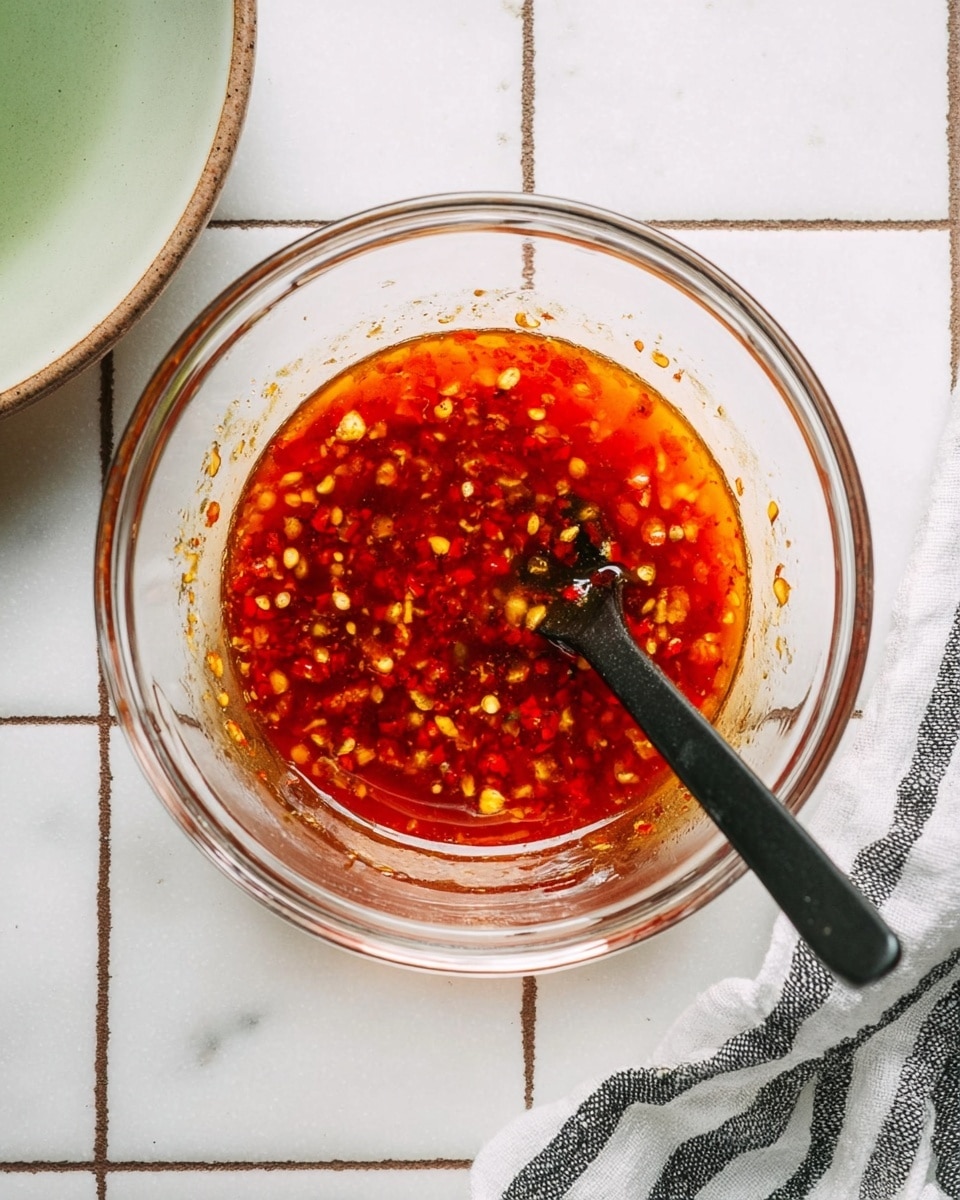 A clear glass bowl is placed on a white marbled surface tiled in large squares, filled with a bright red-orange sauce mixed with small yellow chili flakes and bits of spices floating throughout. A black spoon is inside the bowl, partially submerged in the glossy liquid, with the handle extending outwards toward the bottom edge of the image. The top left corner reveals part of a white plate with a soft greenish tint and a striped black and white cloth. The scene is lit with natural light, showing slight reflections on the glass bowl and sauce surface photo taken with an iphone --ar 4:5 --v 7