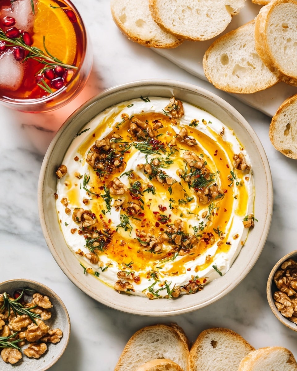 A bowl with a base layer of smooth, white creamy cheese spread evenly inside. On top, swirled amber-orange honey is spread in a random pattern, with small chopped walnuts scattered all over. Tiny green rosemary leaves and small red chili flakes are sprinkled around, adding color and texture. The bowl sits on a white marbled surface, surrounded by white bread slices, a glass of iced drink with orange and pomegranate seeds, and small dishes holding more walnuts and herbs. Photo taken with an iphone --ar 4:5 --v 7