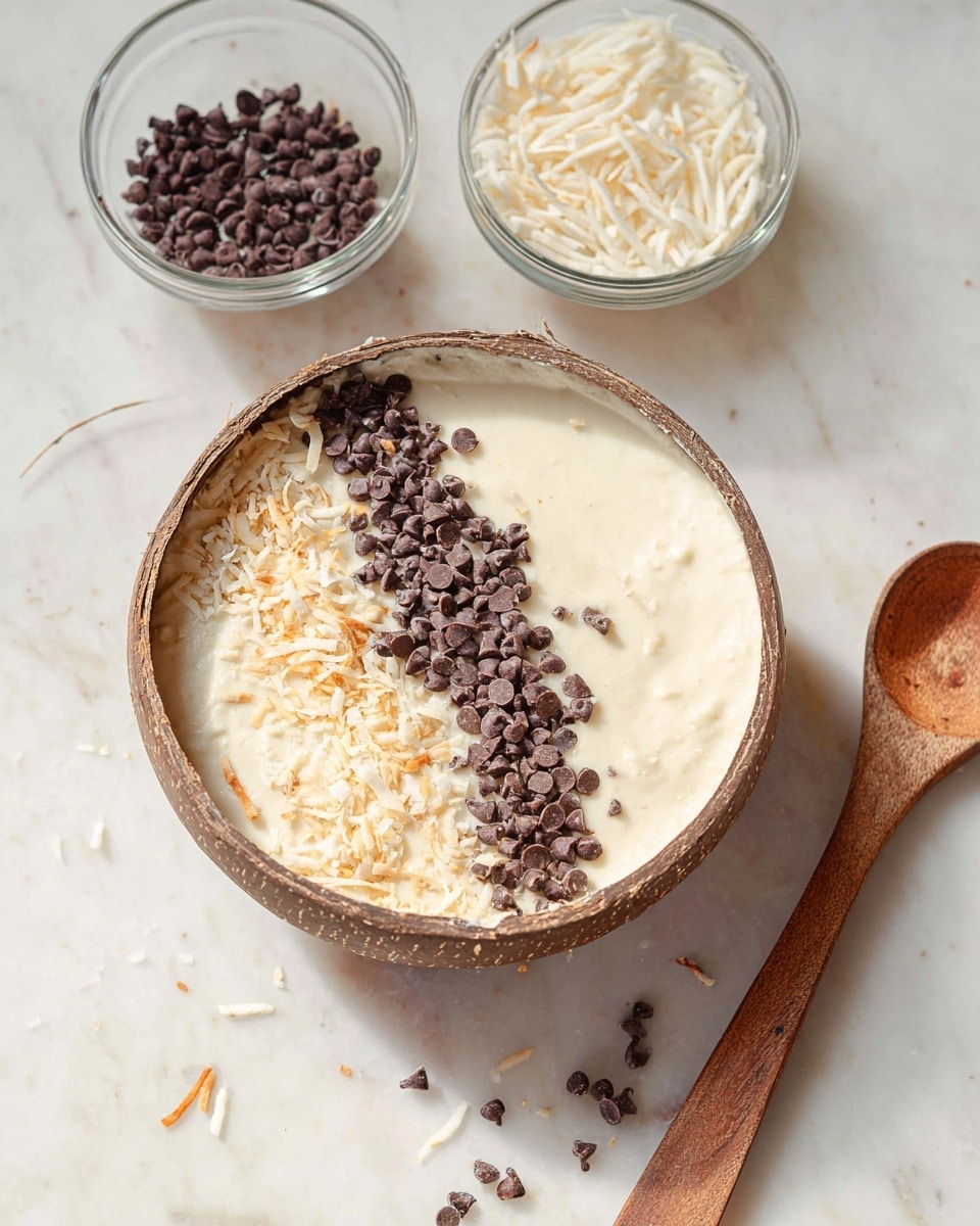 A round bowl with a rough, natural texture holds a thick pale cream base filling most of the bowl. On top, there are two toppings arranged in vertical rows: on the left side, there is a layer of light tan toasted shredded coconut, and in the middle a smaller row of small dark brown chocolate chips that overlap slightly on the cream. Behind the bowl are two small clear glass containers, one filled with more chocolate chips and the other with shredded coconut. On the white marbled surface next to the bowl, some chocolate chips and coconut are scattered. A wooden spoon with a smooth texture rests on the surface to the right of the bowl. Photo taken with an iphone --ar 4:5 --v 7