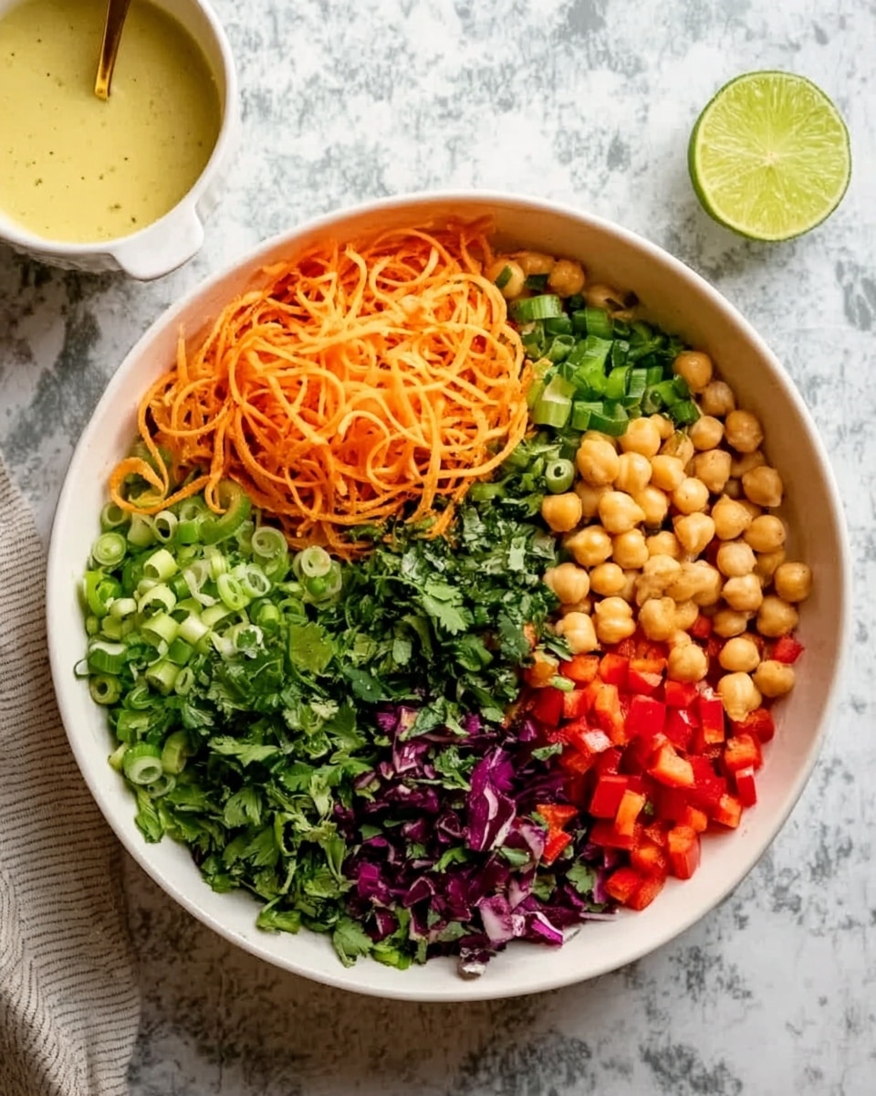 A white bowl sits on a white marbled surface, filled with five colorful layers arranged side by side. Starting from the left, there is a bright orange layer of shredded carrots with a slightly curly texture, next to a green layer of chopped spring onions with round slices. The middle layer has finely chopped dark green cilantro leaves, followed by a pile of round, beige chickpeas. On the far right, there are small bright red diced bell peppers. Above the bowl, there is a light yellow creamy sauce in a small white bowl with a gold spoon resting inside, and a half lime placed on the white marbled surface near the top right corner. A woman's hand is slightly holding the edge of the bowl. photo taken with an iphone --ar 4:5 --v 7